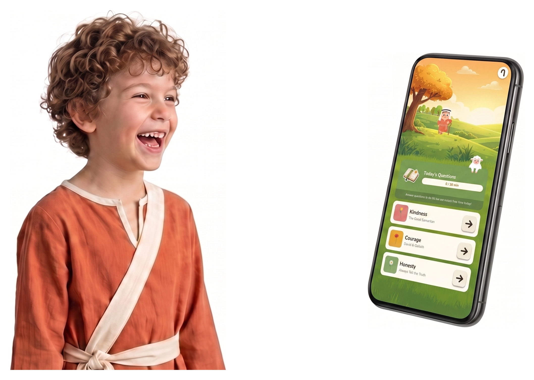 A laughing boy next to a phone showing the Sheperly home screen