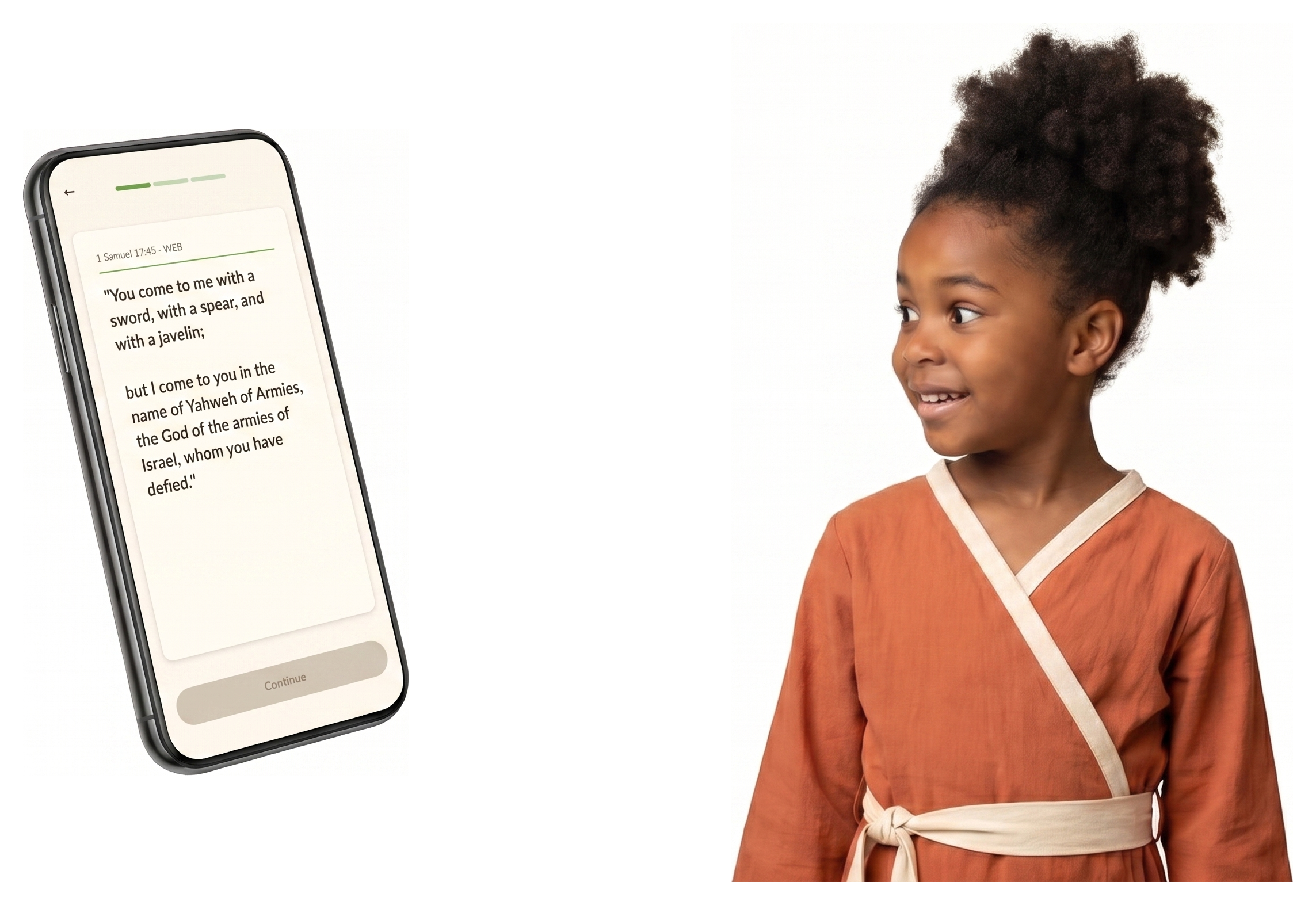 A girl next to a phone showing a scripture reading in Sheperly