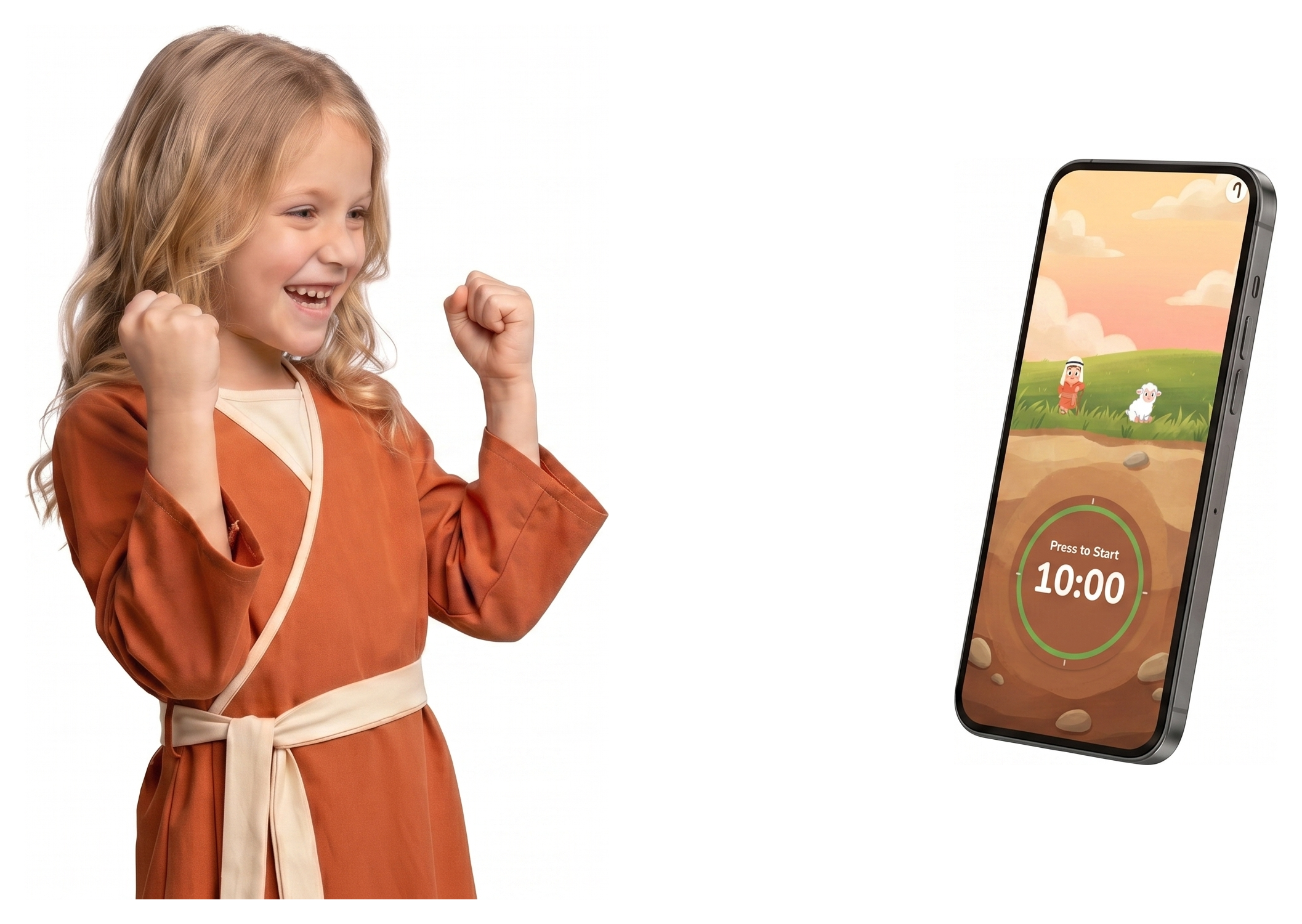 A celebrating girl next to a phone showing the Sheperly countdown timer